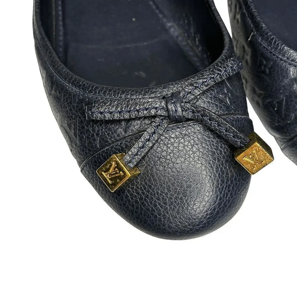 Louis Vuitton Debbie Monogram Cap Toe Bow Ballet Flats Navy Blue Leather EU 38